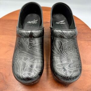 Dansko Professional Clog Black Tooled Floral Leather Women Size EU 38/US 7.5-8